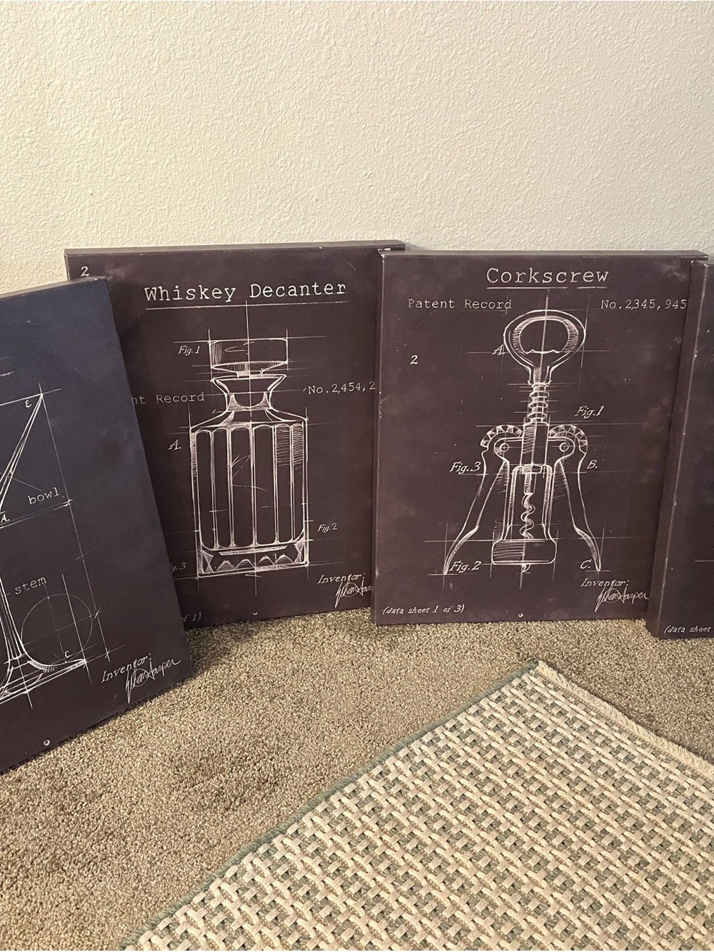 Martini, Whiskey Decanter, Corkscrew & Old Fashioned Patent Art Prints - Black